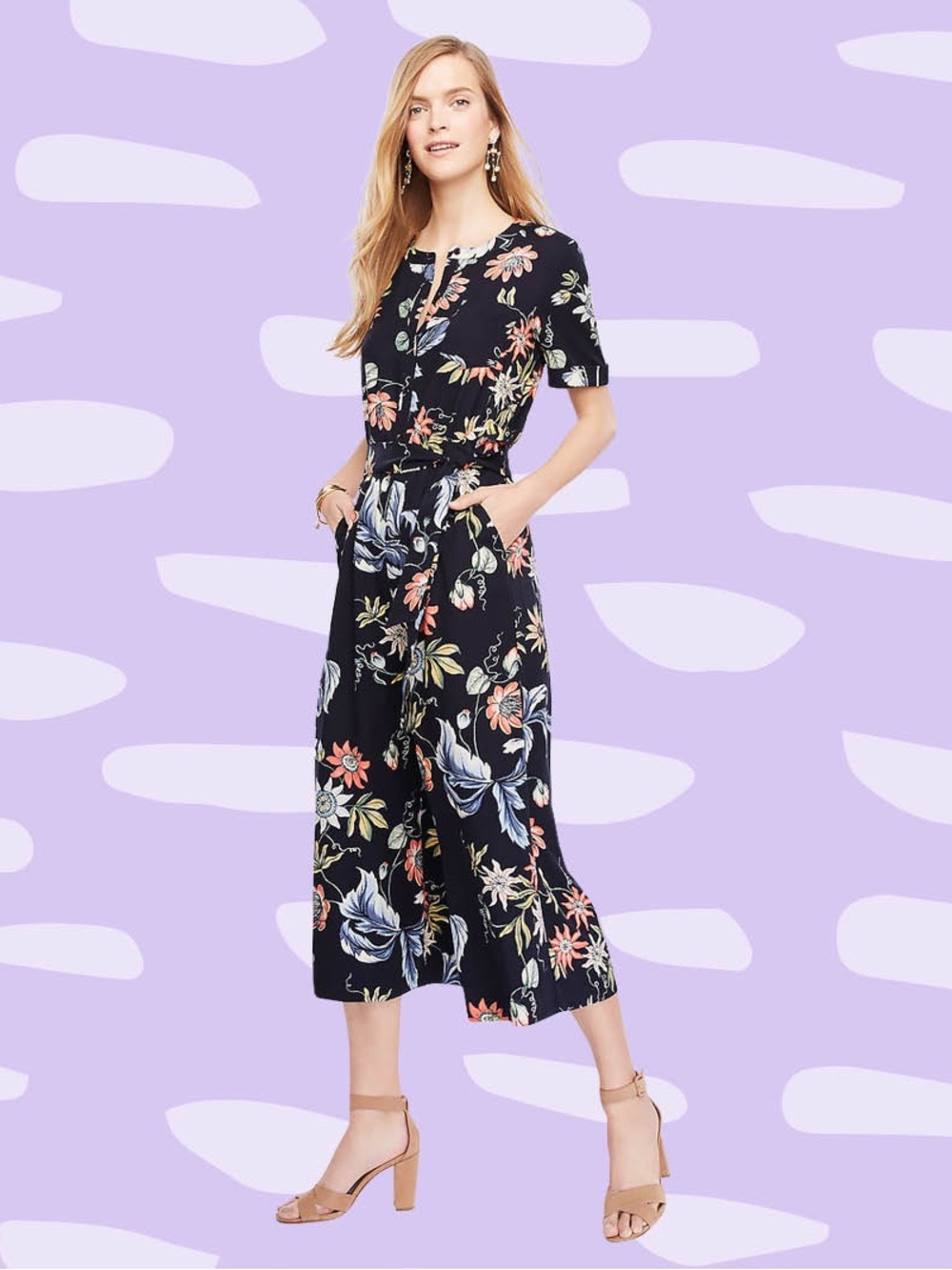 Ann Taylor Wild Flower Cropped Wide-Leg Jumpsuit belted